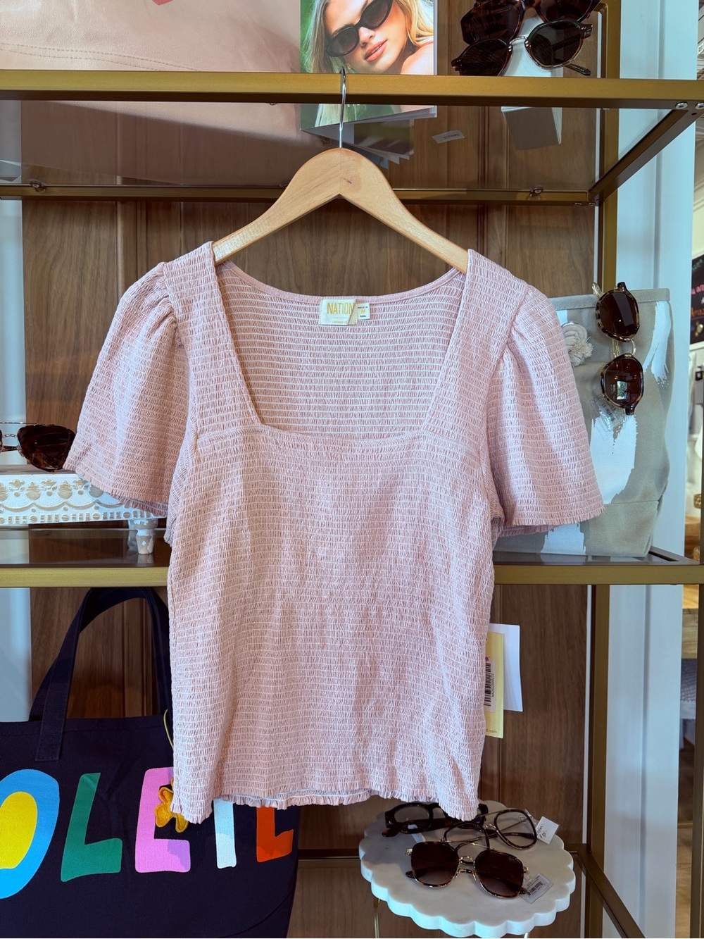 Nation LTD Blush Pink Textured Puff-Sleeve Square Neck Top